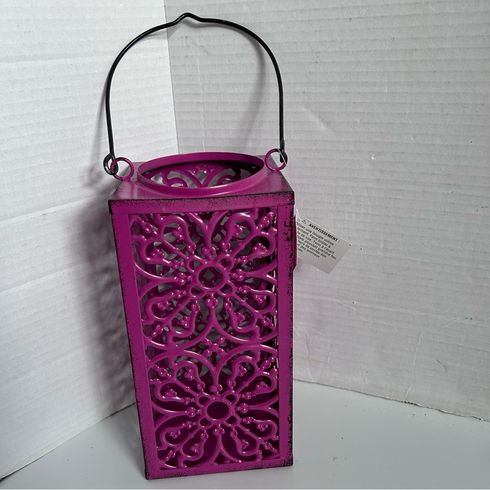 Pink hanging Metal candle lantern 4” x 4” x 8” - just add votive candle